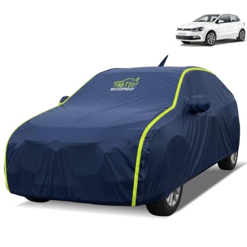 Image of FABTEC Waterproof Car Body Cover for Volkswagen Polo Outdoor /Indoor All Weather Protection with Mirror Pocket Triple Stitched (Premium Navy Blue with Neon Piping)