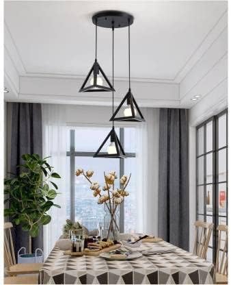 Image of Vintage Black Metallic Hanging Pendant Ceiling Lamp, for Bedroom, Living Room, Hotel, Cafe, Balcony Decor (Black Tringle Hanging Lamp)