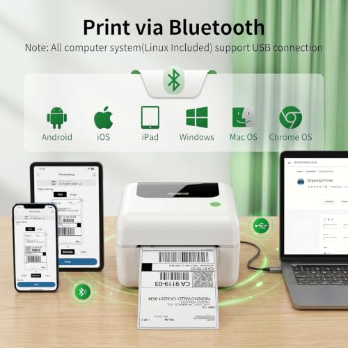Image of Bluetooth Thermal Shipping Label Printer with Built-in Label Bin, Wireless 4x6 Label Printer for iPhone, Android, Windows & Mac, Includes 50 Labels, Works with USPS, UPS, Amazon, Etsy, Shopify, White