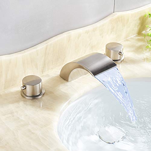 Senlesen Commercial 3 Holes Two Handles Lavatory Vanity Sink LED Waterfall Spout Widespread Bathroom Sink Faucet Brushed Nickel