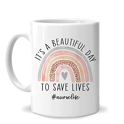 Hyturtle Gifts For Nurse RN Kaffeetasse aus Keramik, Aufschrift "It's A Beautiful Day To Save Lives", Regenbogen, 325 ml, weiße Keramiktasse für Männer und Frauen, Krankenschwestern, Hyturtle Gifts For Nurse RN Kaffeetasse aus Keramik, Aufschrift "It's A Beautiful Day To Save Lives", Regenbogen, 325 ml, weiße Keramiktasse für Männer und Frauen, Krankenschwestern,