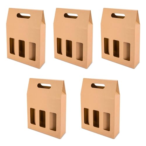 ACAN Tradineur - Pack de 5 Cajas de cartón con Ventanas, aptas para 3 Botellas de Vino, Incluyen asa, Guardar, Regalar, Envolver champán, Navidad, 41 x 27 x 9 cm