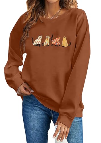 MNLYBABY Sudadera de Halloween con diseño de gato y fantasma, para mujer, camiseta de manga larga con cuello redondo, Marrón, M