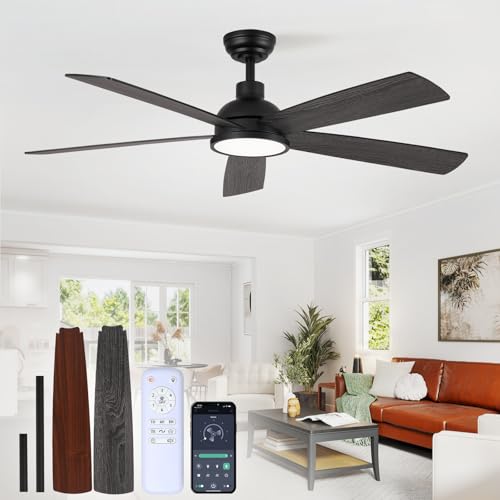 YZBEIMDAI 132CM Groß Deckenventilator mit Licht und APP/Fernbedienung, 5 Holzventilatorflügel, LED Lampe mit Ventilator für Wohnzimmer und Schlafzimmer, Dimmbar, Schwarz