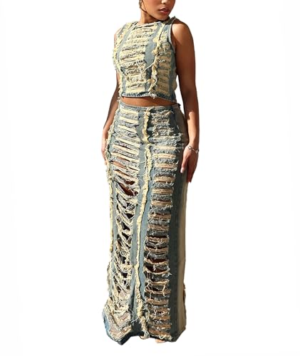 SEMATOMALA Women's Jeans Skirt Two Piece Outfits Ripped Distressed Hollow Out Crop Tank Tops and Split Maxi Skirts Set4