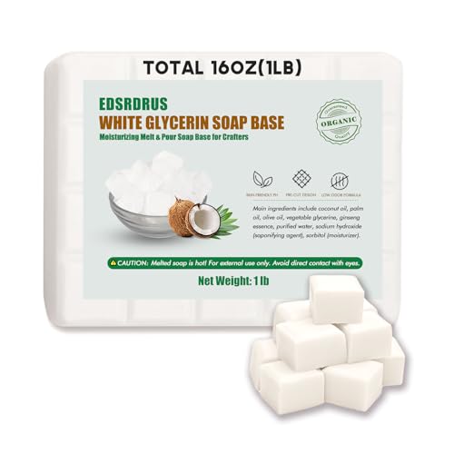EDSRDRUS 1LB Unscented Glycerin Soap Base DIY Handmade Soap Moisturizing Melt and Pour Soap Base for Crafting Vegetable Glycerin & Coconut Oil Easy to Cut (White 1LB)