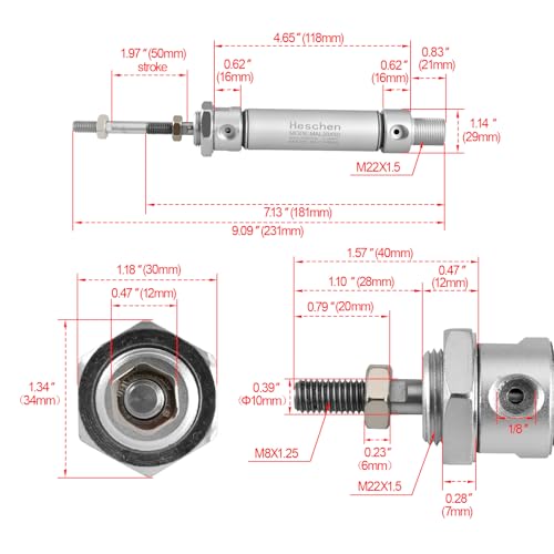 Heschen Pneumatischer Schlanker Luftzylinder, MAL 20-50, PT1/8’’ Anschluss, 20mm Bohrung, 50mm Hub, Doppelt Wirkend