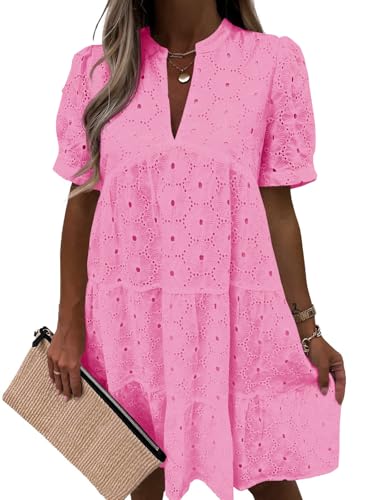 Image of Imily Bela Womens Summer Lace Dresses Eyelet Casual Flowy Babydoll Swing Short Sleeve V Neck Tunic Dress