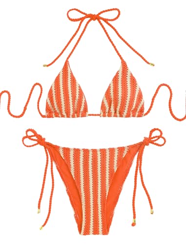 Image of ZAFUL 2 Piece Triangle Bikini for Women Knitted Rope Halter Bikini Sets Sexy Bathing Suit Side Tie Swimsuits Beachwear