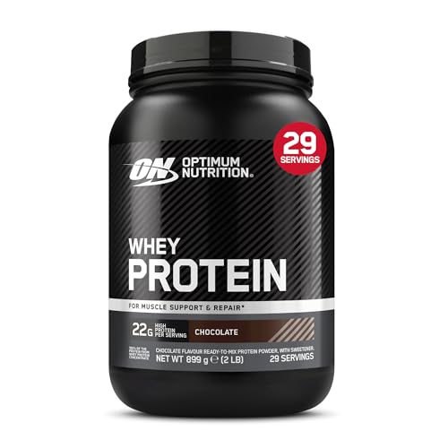 Amazon Optimum Nutrition Whey Protein Powder, Chocolate Flavour, 22 g High Protein Per Serving, Ready-to-Mix Whey Concentrate with Sweetener, Muscle Support and Repair, 899 g, 29 Servings #ad