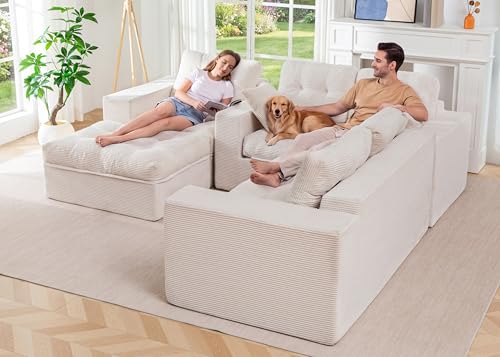 Image of MAXYOYO Modular Sectional Sofa with Ottoman and Loveseat, Cloud Boneless Couch with Layered Cushion, Flexible Module Combination Sofa for Living Room, No Assembly Required,Beige