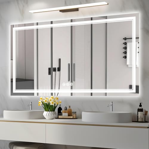 Image of 55x30 Inch Led Mirror for Bathroom with Front Light and Backlit, Bathroom Mirror with Led Lights, Vanity Mirror with Lights for Wall, Anti-Fog, Dimmable, Memory Function, Tempered Glass