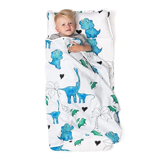 JumpOff Jo - Toddler Nap Mat - Children's Sleeping Bag with Removable Pillow for Preschool, Daycare, Sleepovers - Original Design: Dinosaurs - 43 x 21 Inches