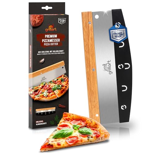 grillart® Premium Pizzamesser – Extra scharfer Edelstahl Pizzaschneider mit 32 cm Klinge und Holzgriff für müheloses und präzises Schneiden – hochwertiges Wiegemesser – effizienter als Pizzaroller