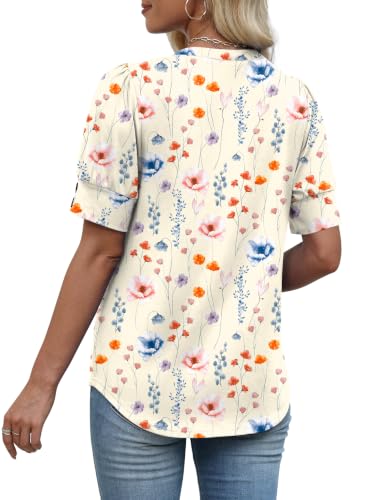 Image of OFEEFAN Womens Tops Short Sleeve Shirts Buttons V Neck Spring Fashion Summer Outfits Plus Size Blouses Dressy Casual