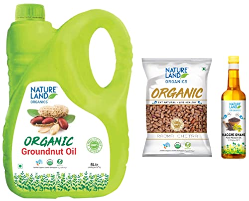 Image of Natureland Organics Kachhi Ghani Pure Mustard Oil 1 LTR - Cold Pressed Flavour : pungent & Groundnut Oil Jar, 5 L & Rajma Chitra 1 Kg - Organic Healthy Pulses
