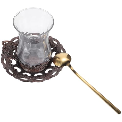 HOMOCONO Juego de Taza de Café Vintage Resistente y Fácil de Limpiar con Platillo y Cuchara, Taza de Vidrio y Aleación de Aluminio para Servir Té o Leche