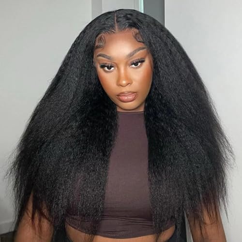 Image of Kinky Straight Human Hair Wig 4x4 Transparent Lace Closure Kinky Straight Wigs 180% Density Yaki Glueless Wigs Human Hair for Black Women Natural Black (24inch)