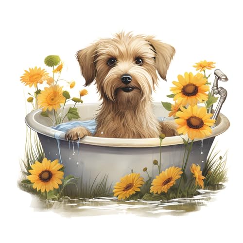 Vinilo decorativo perro adorable en bañera con girasoles