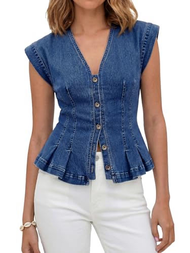 Tankaneo Womens V Neck Denim Vests Tops Trendy Summer Casual Button Down Y2k Fitted Pleated Sleeveless Jean Tops