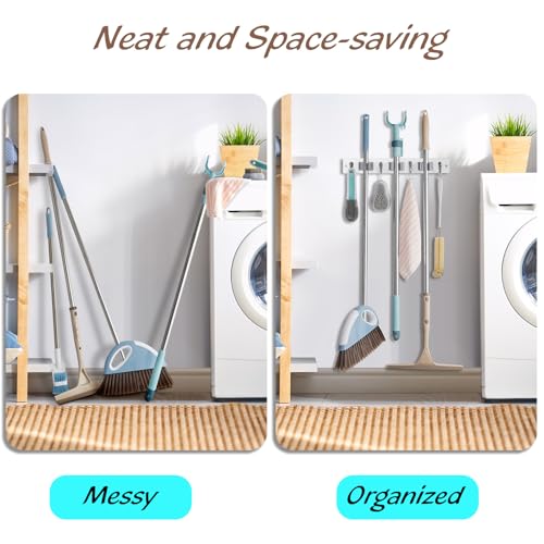 Image of OUTNILI 2 Pack White Mop Broom Holder Wall Mount with 3 Slots & 4 Hooks - Rustic Wood Broom Mop Hanger for Pantry Kitchen Organization - Garden Tool Organizer for Closet Laundry Room