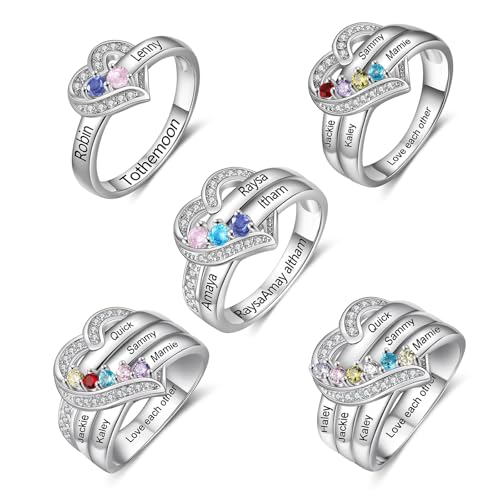 925 Sterling Silver Personalized Mothers Ring with 3 Birthstones Custom Engraved Name Engagement Wedding Promise Rings for Women Mothers Day Christmas Birthday Gifts for Mom Grandma Wife (Style 4)