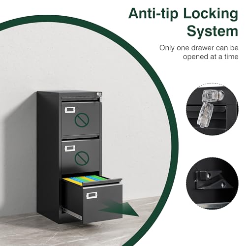 STANI Metal Vertical File Cabinet with Lock,Narrow Filing Cabinets Hanging Files Letter/Legal/A4 Size, Metal Storage Cabinet for Home Office, Assembly Required (Black, 3-Drawer)