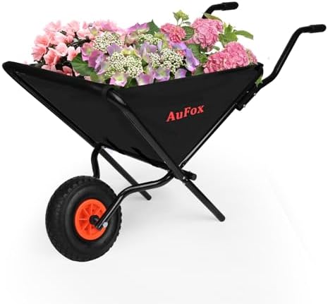 AuFox Collapsible Wheelbarrow, Foldable Home Utility Yard Wheelbarrow Easy Loading and Dumping Garden Cart Thickened Oxford Cloth Lawn Cart for Nutrient Soil,Grass, Leaf, Garden Supplies