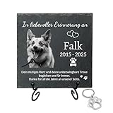 Personalisierter Hund Gedenkstein aus Schiefer – Quadratische Gedenktafel mit Foto & Wunschtext, klassisches Icon – 10×10cm / 25×25cm – wetterfeste Tier Grabplatte inkl. Pfoten-Schlüsselanhänger