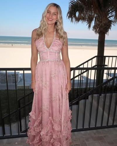 Floral Chiffon Bridesmaid Dress Pearl Halter Formal Evening Gown Ruffle Hem Long Prom Dress with Slit ZD2462