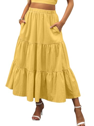 Image of ANRABESS Women's Summer Boho Flowy Swing Tiered A-Line Maxi Skirt 2026 Fashion Trendy Elastic Waist Pleated Long Beach Dress