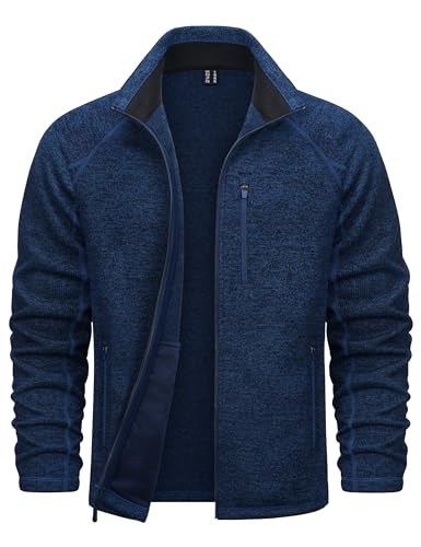 TACVASEN Men's Full Zip Fleece Jacket Light Weight Long Sleeve Sweatshirts with Pockets for Winter Hiking Casual Navy, L