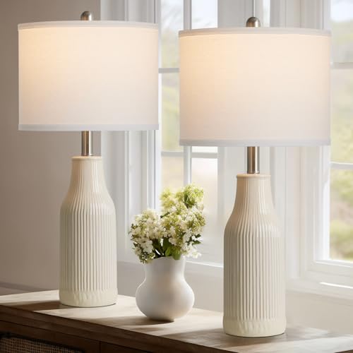 luxeflow 24.5" Ceramic Table Lamps Set of 2, Modern Farmhouse Bedside Lamps for Bedroom Nightstand, Small Table Lamp for Living Room End Table, Beige (2 LED Bulbs Included) - image 1