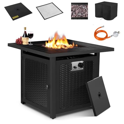 TLSUNNY Gas Feuerstelle, Feuerstelle inkl. Wasserfeste Schutzhülle, Lavasteinen, Tischplatte & Funkenschutz,72.5*72.5*67.5 cm,14,5 kW, 28 Zoll Gaskamin Outdoor, Automatische Zündung,Esstisch & Heizung