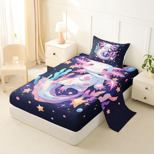 Image of jejeloiu Cute Axolotl Bed Sheets Set Twin Size Cartoon Pink Axolotl Bed Set for Kids Boys Girls Romantic Deep Pocket Fitted Sheet Breathable Soft Lightweight Microfiber