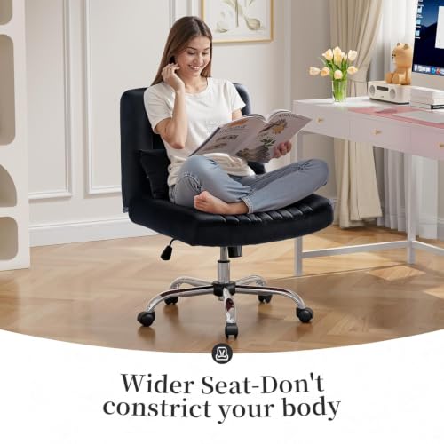 Image of Velvet Criss Cross Desk Chair with Wheels, Luxury Cross Legged Office Office, Swivel Wide Seat Vanity Chair, Armless Adjustable Height Gaming Chair Gift, Dusty (1, Deep Black)