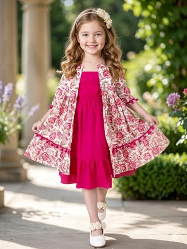 Image of Girls Floral Printed A-Line Cotton Below The Knee Dress with Attached Shrug | Girls Dresses Design No PP280 Color Pink Size 9-10Y