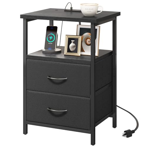 Image of Fixwal Black Night Stand with Charger Station, Nightstand with Charging Station & Fabric Drawers