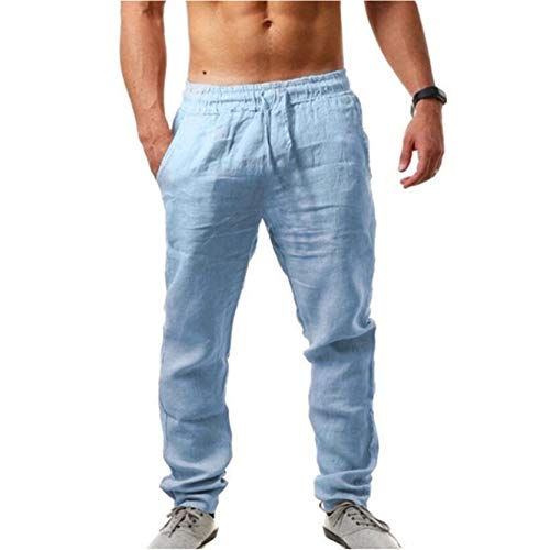 Men's Loose Lightweight Yoga Beach Trousers Casual Linen Sweatpants Plain Drawstring Elastic Waist Sports Pants, Sky Blue, Small