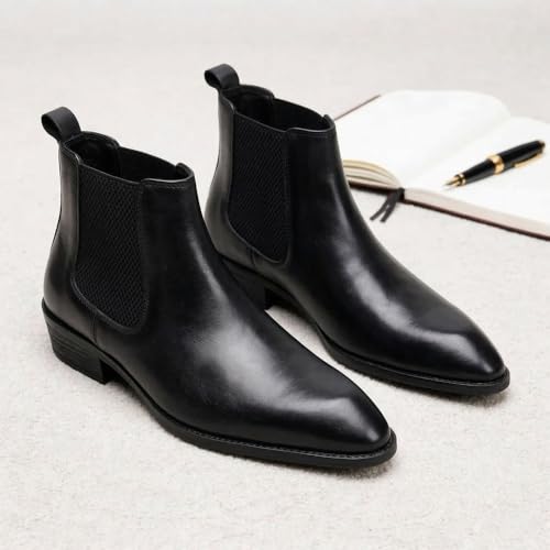 Image of Hayes London Chelsea Boots for Man | Crust Leather Black Ankle Boots | Cuban Heel Pointed Toe Stylish Formal & Casual Boots for Men | Slip-On Elastic Side Panel