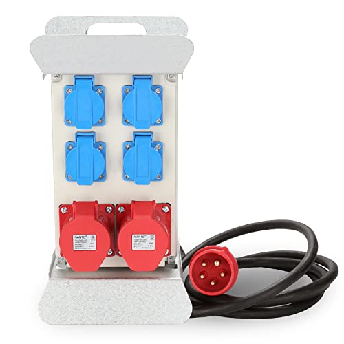 Peviasot Baustromverteiler, CEE 2 x 16A 400V+4x 230V Schuko IP44 5 polig, Wandverteiler mit LS-Schalter FI-Schalter, Stromverteiler IP44 Mit Sicherheitsklappdeckeln und Leitung