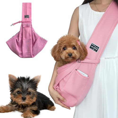 Lifetips ヨークシャーテリア ペットスリング 犬猫兼用 ショルダーキャリー 軽量 通気 洗える 調節可能 クッション付き 収納ポケット 斜め掛け アウトドア 11色展開 小型犬 中型犬 ペット用キャリーバッグ (ピンク)