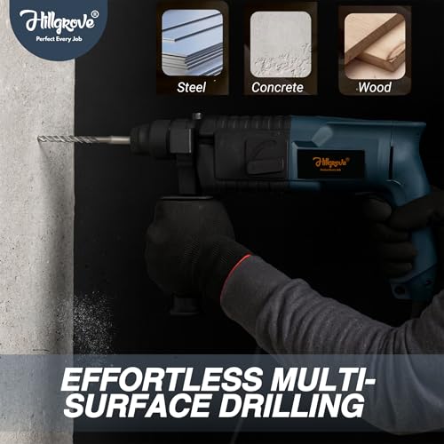 Image of Hillgrove HGCM488M1 All Purpose 20mm Hammer Impact Drill Machine Forward /Reverse Rotation with 3 Bits for Making Holes in Metal /Wood /Concrete Hammer Drill (20 mm Chuck Size, 750 W)
