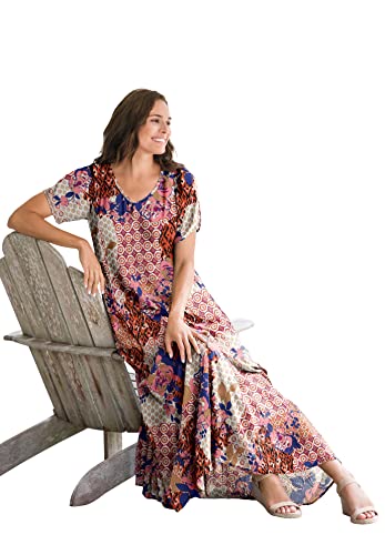 Woman Within Women's Plus Size Petite Short-Sleeve Crinkle Dress - 1X, Black Patch Floral Multicolored #TOP5