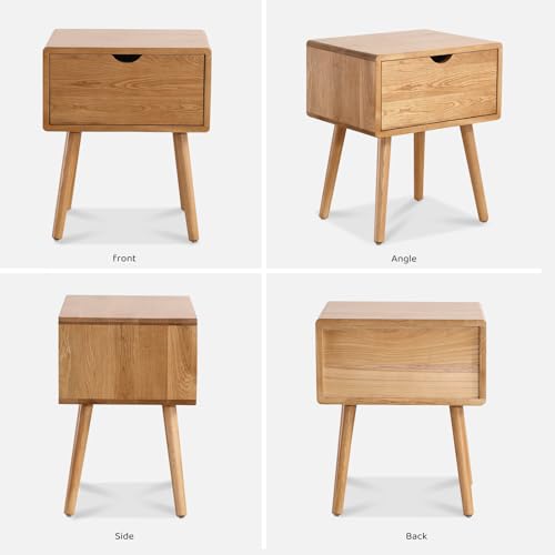 Image of Night Stand, Mid Century Modern Solid Oak Wood Nightstand with Drawers, Small Bedside Table Sturdy & Durable Easy Assembly 19.68 inch L x 15.74 inch W x 23.63 inch H (Natural)