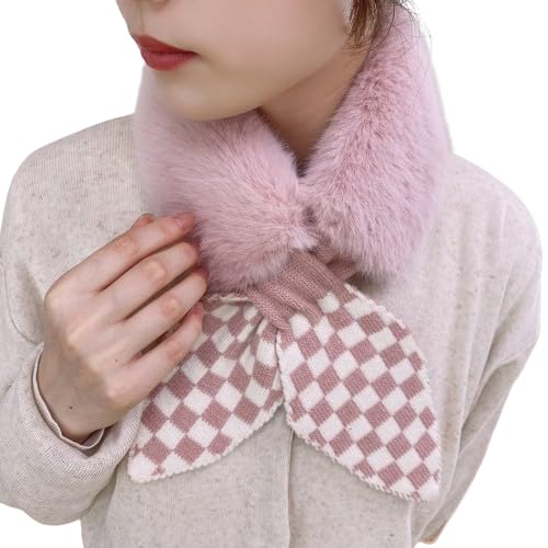 Trickey Shopper™ Literary Style Korean houndstooth rabbit fur collar knitted plush scarf women Japanese collor cross winter scarf for women Pink Color