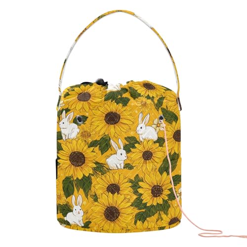 Image of ElliTarr Crochet Bag Yarn Bag with Handle Portable Knitting Project Bag Travel Yarn Storage Organizer Holder Case Autumn Sunflower and Cute Rabbit
