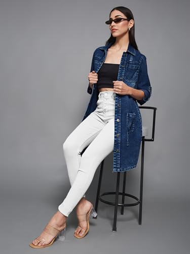 Image of Miss Chase Women's Polo Neck Full Sleeves Patch Pocket Denim Overcoat Knee-Length Jacket