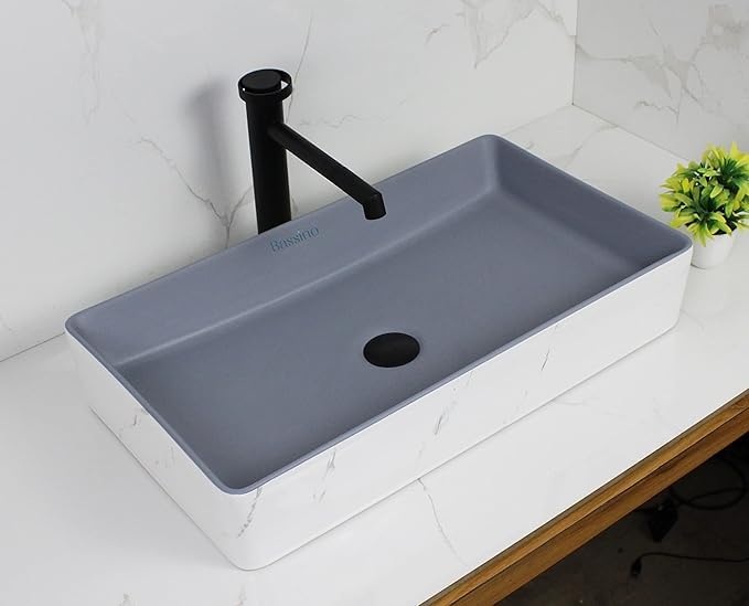 Image of BASSINO 24x14x5 Inches Ceramic Counter Top Wash Basin /1 Year Warranty /White & Grey Basin for Bathroom /Rectangular Shape Tabletop Washbasin for Restaurant /Dining Hall /Living Room /Home(Glossy)