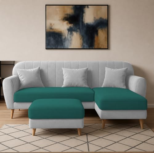 Image of Atticus RHS 4 Seater L Shape Sofa Set with Ottoman for Living Room (Pine Grey Fabric) Premium Fabric Sofa Set